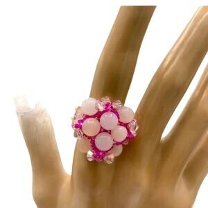 Pink quartz pearl button and crystals ring handmade one of a kind Size 7.5
